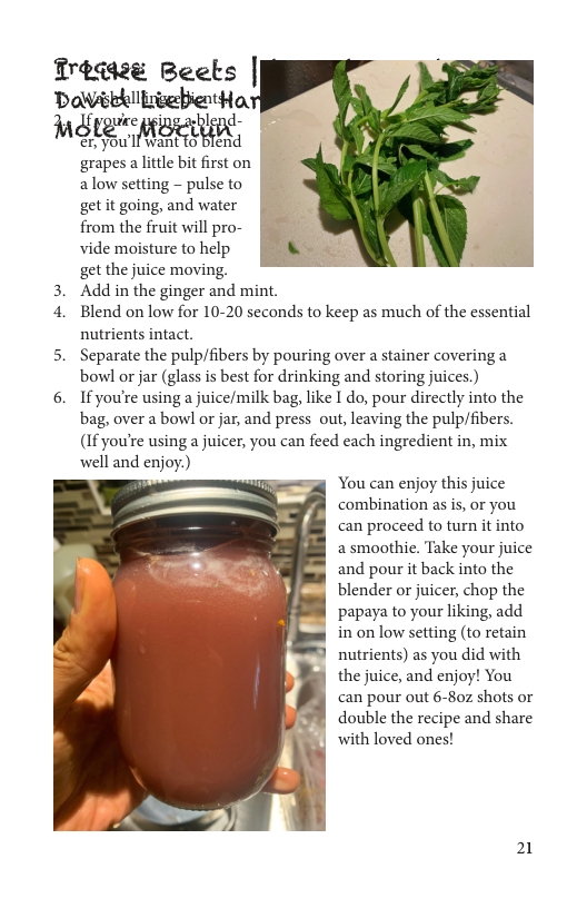 Treq4ee Beeks | DaWakkllbebeHo  soyie, lend-  ML MBI, grapes alitle bit first on alow setting - pulse to get it going, and water from the fruit will pro- vide moisture to help get the juice moving.  3. Add in the ginger and mint.  4. Blend on low for 10-20 seconds to keep as much of the essential nutrients intact.  5. Separate the pulp/fibers by pouring over a stainer covering a bowl or jar (glass is best for drinking and storing juices.)  6. If you’re usinga juice/milk bag, like I do, pour directly into the  bag, over a bowl or jar, and press out, leaving the pulp/fibers.  (If you’re using a juicer, you can feed each ingredient in, mix  well and enjoy)  You can enjoy this juice combination as i, or you can proceed to turn it into asmoothie. Take your juice and pour it back into the blender or juicer, chop the papaya to your liking, add in on low setting (to retain nutrients) as you did with the juice, and enjoy! You can pour out 6-80z shots or double the recipe and share with loved ones!  21 